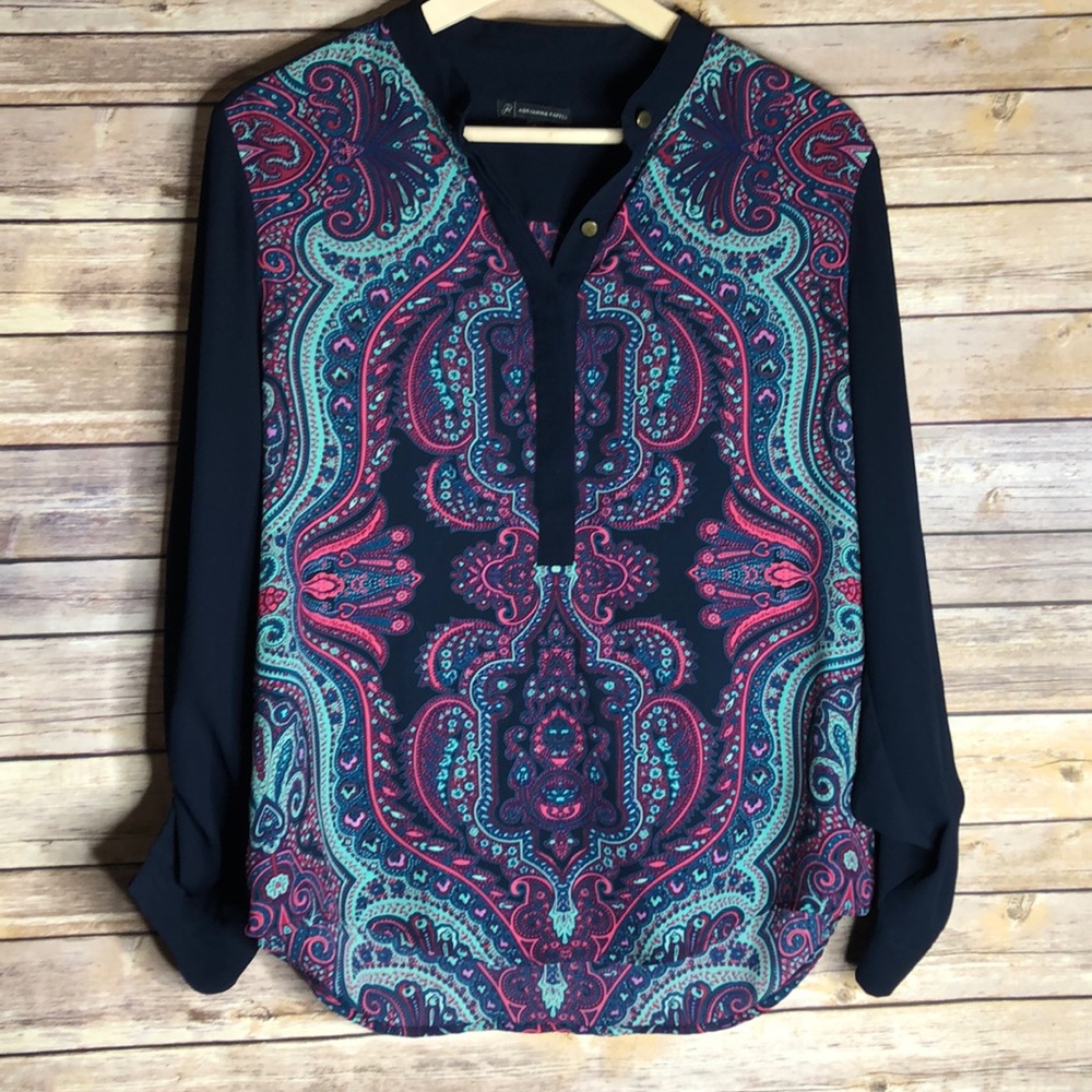 Adrianna Papell Blouse Navy Blue Paisley M
